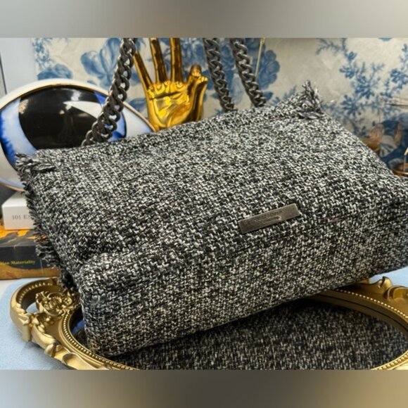 🆕 KURT GEIGER LONDON 🧿 NWOT Large Tweed Kensington Bag, Metallic Black & White - Picture 8 of 16